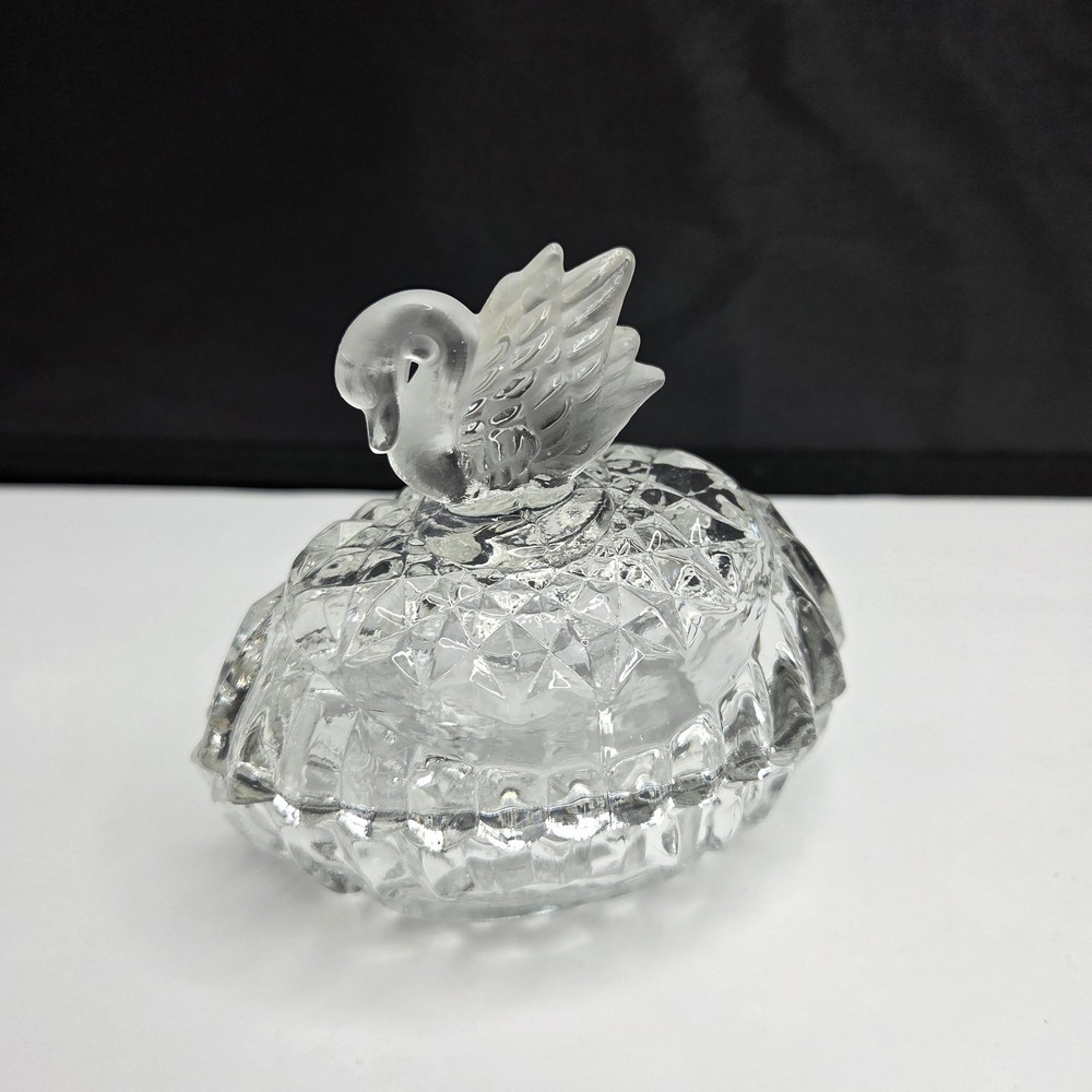 Vintage Clear Glass Swan Candy Dish Trinket Bowl w/ Lid Pressed Glass